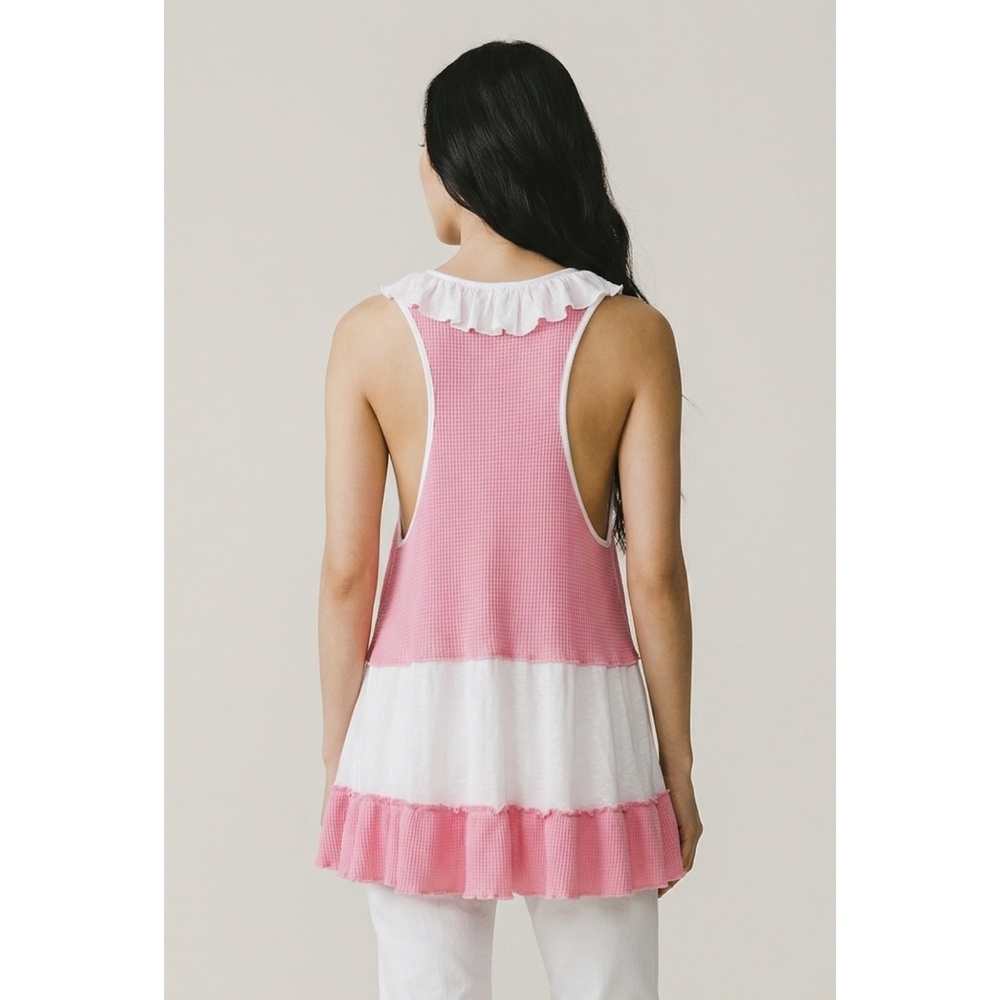 POL Pink Ruffle V Neck Tunic Tank | Sleeveless Color Block Flowy Boho Top - Picture 4 of 6